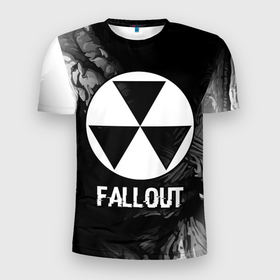 Мужская футболка 3D Slim с принтом Fallout glitch на темном фоне в Белгороде, 100% полиэстер с улучшенными характеристиками | приталенный силуэт, круглая горловина, широкие плечи, сужается к линии бедра | 