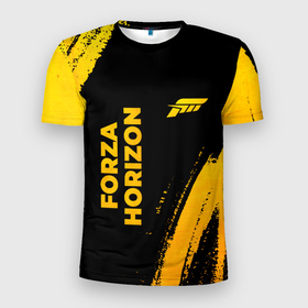 Мужская футболка 3D Slim с принтом Forza Horizon   gold gradient вертикально в Екатеринбурге, 100% полиэстер с улучшенными характеристиками | приталенный силуэт, круглая горловина, широкие плечи, сужается к линии бедра | Тематика изображения на принте: 