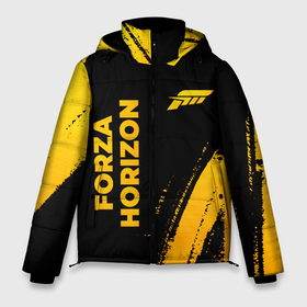 Мужская зимняя куртка 3D с принтом Forza Horizon   gold gradient вертикально в Екатеринбурге, верх — 100% полиэстер; подкладка — 100% полиэстер; утеплитель — 100% полиэстер | длина ниже бедра, свободный силуэт Оверсайз. Есть воротник-стойка, отстегивающийся капюшон и ветрозащитная планка. 

Боковые карманы с листочкой на кнопках и внутренний карман на молнии. | Тематика изображения на принте: 