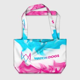 Пляжная сумка 3D с принтом Watch Dogs neon gradient style по горизонтали в Кировске, 100% полиэстер | застегивается на металлическую кнопку; внутренний карман застегивается на молнию. Стенки укреплены специальным мягким материалом, чтобы защитить содержимое от несильных ударов
 | 