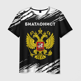Мужская футболка 3D с принтом Биатлонист из России и герб РФ в Белгороде, 100% полиэфир | прямой крой, круглый вырез горловины, длина до линии бедер | 
