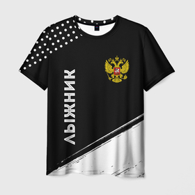 Мужская футболка 3D с принтом Лыжник из России и герб РФ вертикально в Санкт-Петербурге, 100% полиэфир | прямой крой, круглый вырез горловины, длина до линии бедер | 