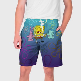 Мужские шорты 3D с принтом Spongebob workout в Белгороде,  полиэстер 100% | прямой крой, два кармана без застежек по бокам. Мягкая трикотажная резинка на поясе, внутри которой широкие завязки. Длина чуть выше колен | 