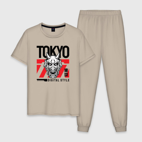 Мужская пижама хлопок с принтом Tokyo digital style , 100% хлопок | брюки и футболка прямого кроя, без карманов, на брюках мягкая резинка на поясе и по низу штанин
 | Тематика изображения на принте: 