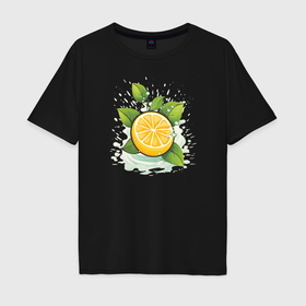 Мужская футболка хлопок Oversize с принтом Лимон с листьями на брызгах воды в Новосибирске, 100% хлопок | свободный крой, круглый ворот, “спинка” длиннее передней части | 
