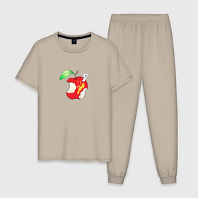 Мужская пижама хлопок с принтом Червяк в надкусанном яблоке в Тюмени, 100% хлопок | брюки и футболка прямого кроя, без карманов, на брюках мягкая резинка на поясе и по низу штанин
 | 