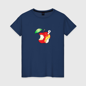 Женская футболка хлопок с принтом Червяк в надкусанном яблоке , 100% хлопок | прямой крой, круглый вырез горловины, длина до линии бедер, слегка спущенное плечо | 