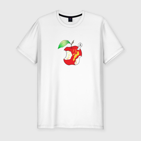 Мужская футболка хлопок Slim с принтом Червяк в надкусанном яблоке , 92% хлопок, 8% лайкра | приталенный силуэт, круглый вырез ворота, длина до линии бедра, короткий рукав | Тематика изображения на принте: 
