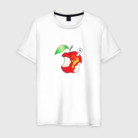 Мужская футболка хлопок с принтом Червяк в надкусанном яблоке , 100% хлопок | прямой крой, круглый вырез горловины, длина до линии бедер, слегка спущенное плечо. | Тематика изображения на принте: 