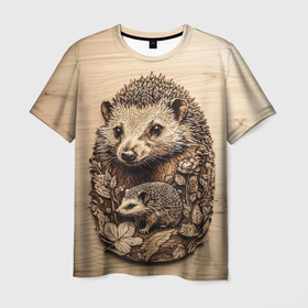 Мужская футболка 3D с принтом Ежики выжженные на доске в Ухте, 100% полиэфир | прямой крой, круглый вырез горловины, длина до линии бедер | Тематика изображения на принте: 