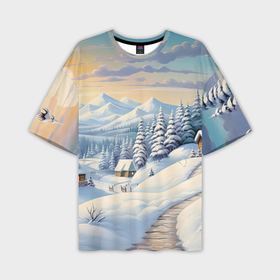 Мужская футболка oversize 3D с принтом Предновогодний зимний лес в Новосибирске,  |  | Тематика изображения на принте: 