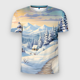 Мужская футболка 3D Slim с принтом Предновогодний зимний лес в Новосибирске, 100% полиэстер с улучшенными характеристиками | приталенный силуэт, круглая горловина, широкие плечи, сужается к линии бедра | Тематика изображения на принте: 