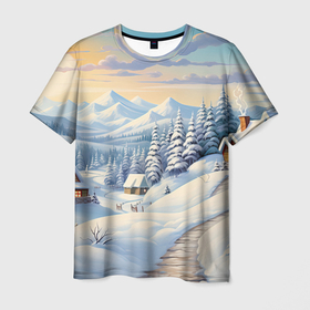 Мужская футболка 3D с принтом Предновогодний зимний лес в Новосибирске, 100% полиэфир | прямой крой, круглый вырез горловины, длина до линии бедер | Тематика изображения на принте: 