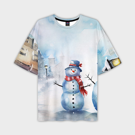 Мужская футболка oversize 3D с принтом Новогодний день со снеговиком в Екатеринбурге,  |  | Тематика изображения на принте: 