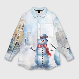 Мужская рубашка oversize 3D с принтом Новогодний день со снеговиком в Тюмени,  |  | Тематика изображения на принте: 