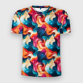 Мужская футболка 3D Slim с принтом Паттерн абстрактные разноцветные волны в Тюмени, 100% полиэстер с улучшенными характеристиками | приталенный силуэт, круглая горловина, широкие плечи, сужается к линии бедра | 