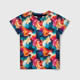 Детская футболка 3D с принтом Паттерн абстрактные разноцветные волны в Екатеринбурге, 100% гипоаллергенный полиэфир | прямой крой, круглый вырез горловины, длина до линии бедер, чуть спущенное плечо, ткань немного тянется | Тематика изображения на принте: 