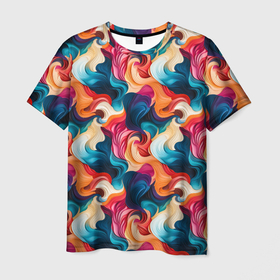 Мужская футболка 3D с принтом Паттерн абстрактные разноцветные волны в Тюмени, 100% полиэфир | прямой крой, круглый вырез горловины, длина до линии бедер | 