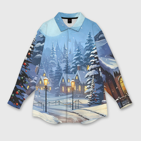 Мужская рубашка oversize 3D с принтом Новогодний зимний  городок ,  |  | 