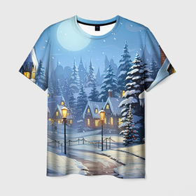 Мужская футболка 3D с принтом Новогодний зимний  городок , 100% полиэфир | прямой крой, круглый вырез горловины, длина до линии бедер | 