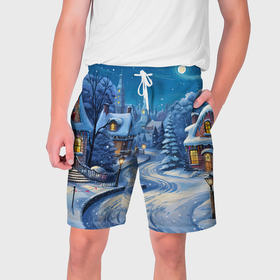 Мужские шорты 3D с принтом Новогодняя ночь в деревушке в Курске,  полиэстер 100% | прямой крой, два кармана без застежек по бокам. Мягкая трикотажная резинка на поясе, внутри которой широкие завязки. Длина чуть выше колен | 