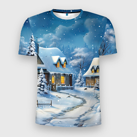 Мужская футболка 3D Slim с принтом Новогодние каникулы в деревне в Петрозаводске, 100% полиэстер с улучшенными характеристиками | приталенный силуэт, круглая горловина, широкие плечи, сужается к линии бедра | 