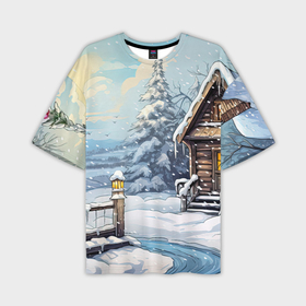 Мужская футболка oversize 3D с принтом Деревянный зимний домик в Кировске,  |  | Тематика изображения на принте: 