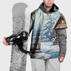 Накидка на куртку 3D с принтом Деревянный зимний домик в Кировске, 100% полиэстер |  | Тематика изображения на принте: 