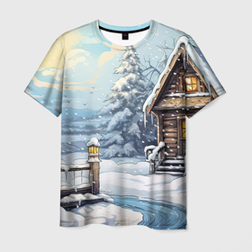 Мужская футболка 3D с принтом Деревянный зимний домик в Санкт-Петербурге, 100% полиэфир | прямой крой, круглый вырез горловины, длина до линии бедер | 