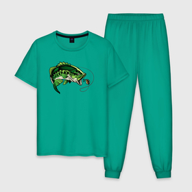 Мужская пижама хлопок с принтом Green fish в Тюмени, 100% хлопок | брюки и футболка прямого кроя, без карманов, на брюках мягкая резинка на поясе и по низу штанин
 | 