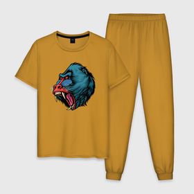 Мужская пижама хлопок с принтом Mandrill monkey в Санкт-Петербурге, 100% хлопок | брюки и футболка прямого кроя, без карманов, на брюках мягкая резинка на поясе и по низу штанин
 | Тематика изображения на принте: 