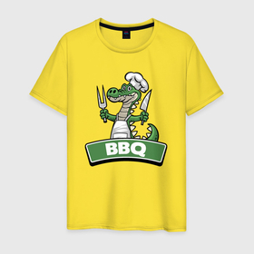 Мужская футболка хлопок с принтом Барбекю от крокодила в Санкт-Петербурге, 100% хлопок | прямой крой, круглый вырез горловины, длина до линии бедер, слегка спущенное плечо. | 