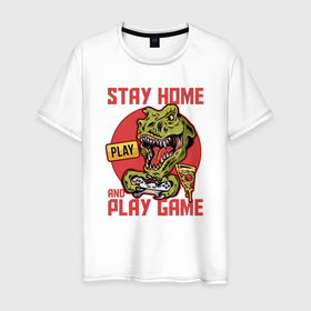 Мужская футболка хлопок с принтом Stay home and play game в Санкт-Петербурге, 100% хлопок | прямой крой, круглый вырез горловины, длина до линии бедер, слегка спущенное плечо. | 