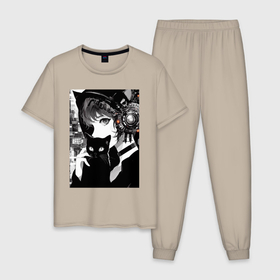 Мужская пижама хлопок с принтом Girl with black kitten   anime   cyberpunk   ai art в Белгороде, 100% хлопок | брюки и футболка прямого кроя, без карманов, на брюках мягкая резинка на поясе и по низу штанин
 | 