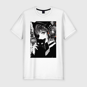 Мужская футболка хлопок Slim с принтом Girl with black kitten   anime   cyberpunk   ai art в Курске, 92% хлопок, 8% лайкра | приталенный силуэт, круглый вырез ворота, длина до линии бедра, короткий рукав | 