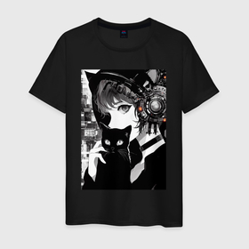 Мужская футболка хлопок с принтом Girl with black kitten   anime   cyberpunk   ai art в Екатеринбурге, 100% хлопок | прямой крой, круглый вырез горловины, длина до линии бедер, слегка спущенное плечо. | 