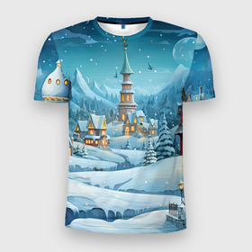 Мужская футболка 3D Slim с принтом Новый год  в городе в Екатеринбурге, 100% полиэстер с улучшенными характеристиками | приталенный силуэт, круглая горловина, широкие плечи, сужается к линии бедра | 