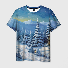 Мужская футболка 3D с принтом Новогодние  елки в снегу , 100% полиэфир | прямой крой, круглый вырез горловины, длина до линии бедер | 