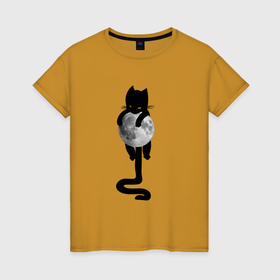 Женская футболка хлопок с принтом Чёрный кот на луне в Петрозаводске, 100% хлопок | прямой крой, круглый вырез горловины, длина до линии бедер, слегка спущенное плечо | Тематика изображения на принте: 