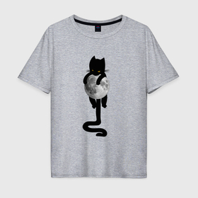 Мужская футболка хлопок Oversize с принтом Чёрный кот на луне , 100% хлопок | свободный крой, круглый ворот, “спинка” длиннее передней части | 