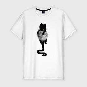 Мужская футболка хлопок Slim с принтом Чёрный кот на луне , 92% хлопок, 8% лайкра | приталенный силуэт, круглый вырез ворота, длина до линии бедра, короткий рукав | 