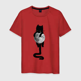Мужская футболка хлопок с принтом Чёрный кот на луне в Екатеринбурге, 100% хлопок | прямой крой, круглый вырез горловины, длина до линии бедер, слегка спущенное плечо. | 