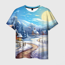 Мужская футболка 3D с принтом Новогоднее   настроение  пейзаж в Курске, 100% полиэфир | прямой крой, круглый вырез горловины, длина до линии бедер | 