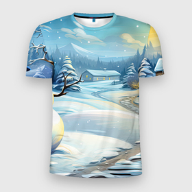 Мужская футболка 3D Slim с принтом Зима новый  год в Екатеринбурге, 100% полиэстер с улучшенными характеристиками | приталенный силуэт, круглая горловина, широкие плечи, сужается к линии бедра | 