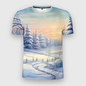 Мужская футболка 3D Slim с принтом Новый год  зимняя природа в Екатеринбурге, 100% полиэстер с улучшенными характеристиками | приталенный силуэт, круглая горловина, широкие плечи, сужается к линии бедра | 
