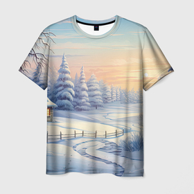 Мужская футболка 3D с принтом Новый год  зимняя природа в Екатеринбурге, 100% полиэфир | прямой крой, круглый вырез горловины, длина до линии бедер | 