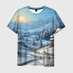 Мужская футболка 3D с принтом Зимние  снежные  елки , 100% полиэфир | прямой крой, круглый вырез горловины, длина до линии бедер | 