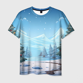 Мужская футболка 3D с принтом Новогодний пейзаж  с елками , 100% полиэфир | прямой крой, круглый вырез горловины, длина до линии бедер | 