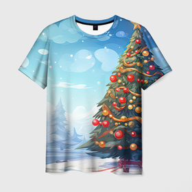 Мужская футболка 3D с принтом Большая новогодняя елка , 100% полиэфир | прямой крой, круглый вырез горловины, длина до линии бедер | 