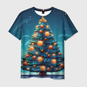 Мужская футболка 3D с принтом Новогодняя елка  с шарами , 100% полиэфир | прямой крой, круглый вырез горловины, длина до линии бедер | 